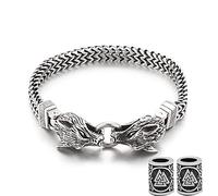 YABEME Bracelet Tête de Loup Viking Fenrir, Chaîne de Gourmette en Acier Inoxydable Vintage Lourd, Bijoux Amulette Païenne Celtique, avec 2 Pièces Valknut Rune Perle,Silver b