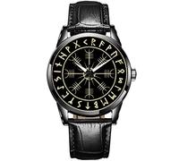 YABEME Montre en Cuir Nordique pour Hommes Faite a la Main, Viking Imprimé Vintage Rune Vegvisir Nœud Celtique Casual Analogique Montre a Quartz, Cadeau de Mode pour Les Couples