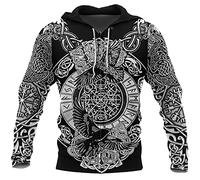 YABEME Sweat À Capuche Viking pour Hommes, Graphique de Tatouage de Corbeau Et de Loup de la Mythologie Nordique d'impression 3D, Pull Sportif Décontracté,Zip Hoodie,XL