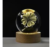 Yabound Boule de cristal de 60 mm - Trèfle à quatre feuilles - Porte-bonheur - Lampe de nuit en verre avec socle en bois - Petit cadeau pour enfants, amis, couple, anniversaire