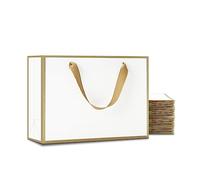 YACEYACE Lot de 20 sacs cadeaux de taille moyenne avec poignées en ruban - Cadre doré - Sacs cadeaux en papier pour fête, mariage, marchandise - Blanc - 26,7 x 10,2 x 20,3 cm