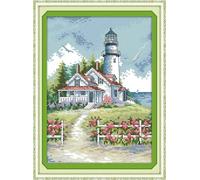 yade-show Kit de broderie au point de croix facile, 11 ct, 40 x 50 cm, motif pré-imprimé, phare en bord de mer, chalet, jardin fleuri, décoration murale à faire soi-même