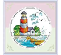 yade-show Kit de broderie au point de croix facile, 11 ct, 40 x 50 cm, Phare d'été avec mouettes, motif pré-imprimé, décoration murale DIY