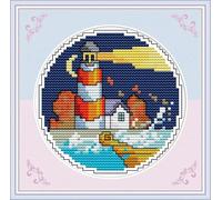 yade-show Kit de broderie au point de croix facile, 11 points, 40 x 50 cm, Automne, Bord de mer, Phare, Lune, Scène nocturne, Motif pré-imprimé, Décoration murale DIY