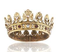 YADIRF Couronne royale baroque en métal pour homme - Cercle complet - Accessoires pour cheveux pour Halloween, fête costumée, bal de fin d'année, concours de beauté - Or foncé avec pierre de champagne