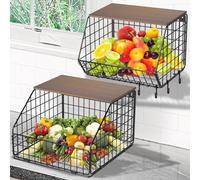 YADOBIG 2 Pièces Corbeille à Fruits Suspendue, Panier a Fruit en Métal Cuisine Avec 4 Crochets et Couvercle en Bois, Empilable et Mural pour Stockage des Fruits et Légumes, Noir, 1 Grande 1 Petite