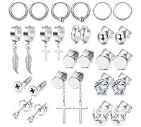 YADOCA 14 Paires Boucles d'Oreilles Hommes Acier Inoxydable 316L Boucles d'Oreilles Créoles Hypoallergénique Boucles d'Oreilles Croix Longue Chaîne Kpop Boucles d'Oreilles Argent