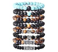 YADOCA 8 PCS 8 MM Bracelets en Pierre Volcanique et Œil De Tigre Jaune pour Hommes - Ensemble Bouddha Rock Gothique Punk Élastique