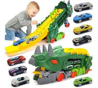 YADODO Camion Dinosaure Jouet Enfant avec 8 Petites Voitures, Dinosaure Jouet Camion Transporteur Portable Pliable Circuit Voiture Enfant Garçons Filles 3 4 5 6 Ans (Vert)