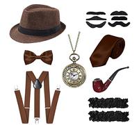 YADODO Costume Année 20 Charleston Homme Accessoires Gatsby - Kit 14PCS avec Fausse Moustache, Chapeau, Montre, Bretelles Élastiques Ajustables, Nœud Papillon, Cravate