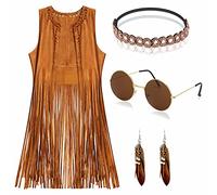 YADODO Costume hippie - Gilet à franges - Sans manches - Pour fille - Style années 60 et 70 - Marron - En cuir - Boléro hippie - Taille XXL
