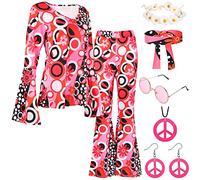 YADODO Costume hippie pour femme - Avec haut et pantalon évasé - Accessoires - Vêtement hippie - Style disco des années 70 - Mode Flower Power Boho - Costume de carnaval pour fête à thème (M)