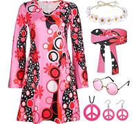 YADODO Costume hippie pour femme des années 70 - Robe hippie des années 60 et 70 - Accessoires pour femme - Tenue disco - Costume pour femmes et filles - Déguisement tendance pour carnaval, Rose, M