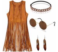 YADODO Costume Hippie Tenues pour Femmes Gilet à Franges Sans Manches Filles Style Années 60s 70s Costumes Hippiques Ensemble Hippie Marron En Cuir pour la Fête Costumée Disponible (XL)