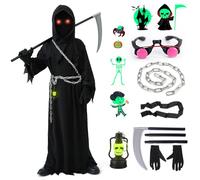 YADODO Halloween Déguisement Faucheuse Enfant 8 9 10 ans Costume Faucheuse Enfant avec Faucille Halloween Gants Chaînes Faucheuse Halloween Cape Noire Faucheuse Grim Reaper Costume(M)