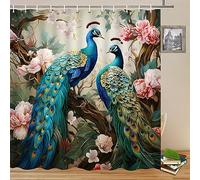 Yadshoti Rideaux de Douche en Polyester avec Crochets Motif Paon Bleu Beau Oiseau Rose Deux paons Motif Floral Décoration de Salle de Bain 178 x 178 cm