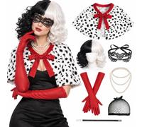 YAEGIMHT Ensemble de costume d'Halloween pour femme, cape noire et blanche | Look rétro élégant avec perruque bicolore, cape à pois et détails glamour pour Halloween et carnaval