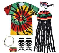 YAEGIMHT Ensemble de Costume Rasta 6 Pièces, Vêtement Rasta, Tenue Reggae, Perruque Dreadlocks, T-Shirt, Bracelet Tressé, Lunettes, Collier, Fausse Barbe, Convient pour Halloween et Cosplay