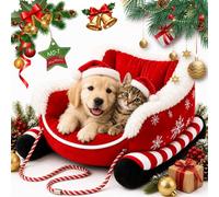 Yaepoip Christmas Dog Sleigh Bed, Santa Sleigh Dog Bed with Plush Cushion and Non-Slip Bottom, Christmas Sleigh-Shaped Pet Beds Sofa for Small Dogs and Cats Indoor Winter Sleeping (#A,Medium)