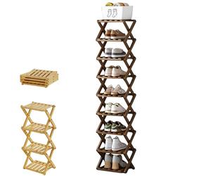 Yaepoip The 9-Tier No-Assembly Bamboo Rack, Multifunction No Assembly Narrow Shoe Shelf, Foldable Space-Saving Shoe Organizer for Entryway Closet Dorm (Brown,9 Tier)