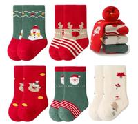 Yafane 5 paires Chaussettes de Noël pour Enfants Coton Noël Chaussettes épais Chaud Hiver Thermique pour Unisexe Chaussettes Bébé Garçon Fille Enfants 0-5 ans (FR/ES, Âge, 0 mois, 12 mois, Rouge)