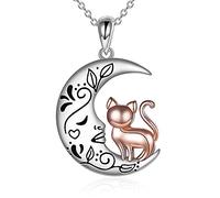 YAFEINI Collier pour femme en argent sterling avec pendentif en forme de chat lune et rose, Argent sterling,