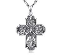 YAFEINI Médaille miraculeuse en argent sterling avec croix à quatre voies - Saint Christophe Saint Joseph Vierge Marie - Collier scapulaire catholique - Cadeau pour homme, Argent sterling
