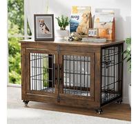 YaFiti Cage pour chien avec coussin, niche d'intérieur en bois avec double portes, cage pour chien avec roulettes, niche d'appoint pour chiens de petite et moyenne taille jusqu'à 20,4 kg, 82,5 cm de