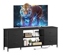 YaFiti Meuble TV pour chambre à coucher avec 4 tiroirs en tissu, centre de divertissement avec prise de courant pour TV de 55", commode avec étagères ouvertes et pieds réglables pour salon, noir