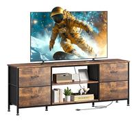 YaFiti Meuble TV pour chambre à coucher avec 4 tiroirs en tissu, centre de divertissement avec prise de courant pour TV de 55", commode avec étagères ouvertes et pieds réglables pour salon, marron