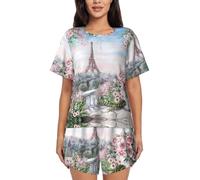 yagDAA Magnifique pyjama 2 pièces imprimé Tour Eiffel Paris pour femme - Pyjama à manches courtes - Vêtement de nuit d'été doux - Vêtement de nuit doux, Noir , XL