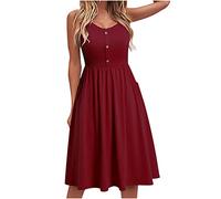 Yageshark Robe d'été pour femme Unie Spaghetti Swing Longue au genou A-ligne Bouton Robe Midi, rouge, M