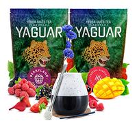 Yaguar Yerba Maté Lot de 2 Pack Découverte Berryland Energia avec Calebasse | Pack de deux yerba maté Yaguar brésiliens avec calebasse Caballo et accessoires complets pour préparation d'infusion