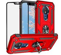 YaHan Coque arrière rigide pour Motorola Moto G7 Power/Moto G7 Supra avec anneau rotatif à 360 degrés Béquille hybride robuste double couche antichoc et protection d'écran en verre trempé Rouge