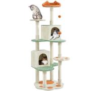 Yaheetech Arbre à Chat 165 cm Centre d'activités pour Chat Multiniveau avec 2 Cachettes, 2 Jouets de Pompon, Perchoirs, Griffoirs, Sangle Anti-basculement, pour 2-3 Chats, Beige/Vert