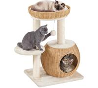 Yaheetech Arbre à Chat 72 cm en Polyrotin, Poteaux en Sisal Stable pour 2-3 Chats Beige Panier Surélevé et Jouet Suspendu. Coussin Amovible Lavable en Machine avec Kit d’Ancrage Mural