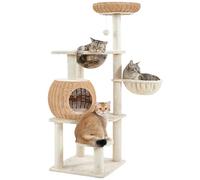 Yaheetech Arbre à Chat en Rotin Tour pour Chat en Peluche avec Cachette Ronde Perchoir Paniers Griffoir en Sisal Jouet Design Moderne 137,5 cm de Haut Beige