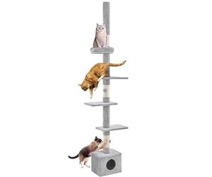 Yaheetech Arbre à Chat XXL 226-265,5 cm Arbre à Chats au Plafond à 5 Niveaux avec Cachette Perchoirs Griffoirs en Sisal Jouet Gris Clair