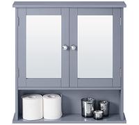 Yaheetech Armoire Murale de Salle de Bain, Placard de Rangement Toilettes 3 Niveaux, Étagères à Hauteur Réglable, 2 Portes et Miroirs, 56 × 13 × 58 cm Gris