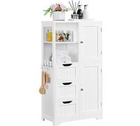 Yaheetech Armoire Rangement Salle de Bain, 3 Tiroirs 2 Casiers 4 Crochets 2 Placards, Étagère Réglable en Hauteur, 60 × 30 × 107 cm, Meuble Toilette/Cuisine/Chambre Blanc