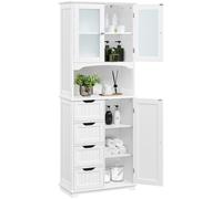 Yaheetech Armoire Salle de Bain Rangement Haute, Colonne Rangement, avec 4 Tiroirs, Placard avec 2 Porte en Verre Trempé, Étagère Réglable, Buffet Cuisine en Bois Blanc, 60 × 30 × 165,5 cm
