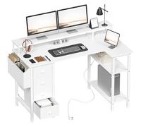 Yaheetech Bureau avec 4 Tiroirs en Tissu, 120x68cm Bureau Blanc avec USB | Table avec Prise de Charge USB et Prise de Courant, avec Support d'écran, Table Informatique pour Salon Domicile