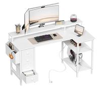 Yaheetech Bureau d'angle avec 4 Tiroirs, 140x68 cm Bureau en L avec Prise de Charge USB et Prise de Courant, Table Computer Réversible avec Support d'écran pour Domicile Maison, Blanc