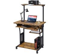 Yaheetech Bureau Informatique-3 Tablettes de Rangement Table Ordinateur roulettes avec Freins 80 x 50 x 132 cm Brun Rustique