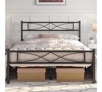 Yaheetech Cadre de Lit 140x200 cm avec Sommier, Lits en Métal Double pour Adultes 2 Personnes Deux Places, Sommier à Lattes et Tête de Lits, 32cm Espace de Rangement, Assemblage Simple, Noir