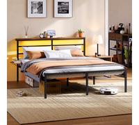 Yaheetech Cadre de Lit 160 × 200 cm avec Sommier Métal, Lit 2 Personnes avec Éclairage LED et Station de Charge (2 AC, 2 USB), Lit Double avec Étagère de Rangement, Capacité 400 kg