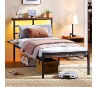 Yaheetech Cadre de Lit 90 × 190 cm avec Sommier Métal, Lit 1 Personne avec Éclairage LED et Station de Charge (2 AC, 2 USB), Lit Simple avec Étagère de Rangement, Capacité 200 kg