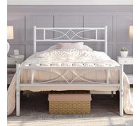 Yaheetech Cadre de Lit 90x200 cm avec Sommier, Lits en Métal Simple pour Adulte 1 Personne Une Place, Sommier à Lattes et Tête de Lit, 32cm Espace de Rangement, Assemblage Simple, Blanc