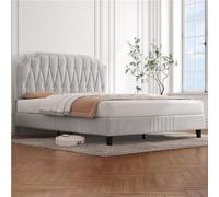 Yaheetech Cadre de Lits Capitonnée 160x200 cm avec Sommier, Lit Double pour Adultes, 2 Personnes à Deux Places, Réglable en Hauteur, Pied en Métal, Beige