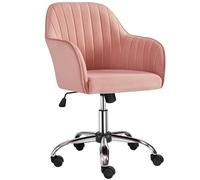Yaheetech Chaise de Bureau Dossier Bombé avec Accoudoir Incurvé, Rose | Dossier Cannelé Inclinable 110° Roulettes Silencieuses Charge 136kg Velours Soigné Métal Chromé Salon Bureau Studio Réunion